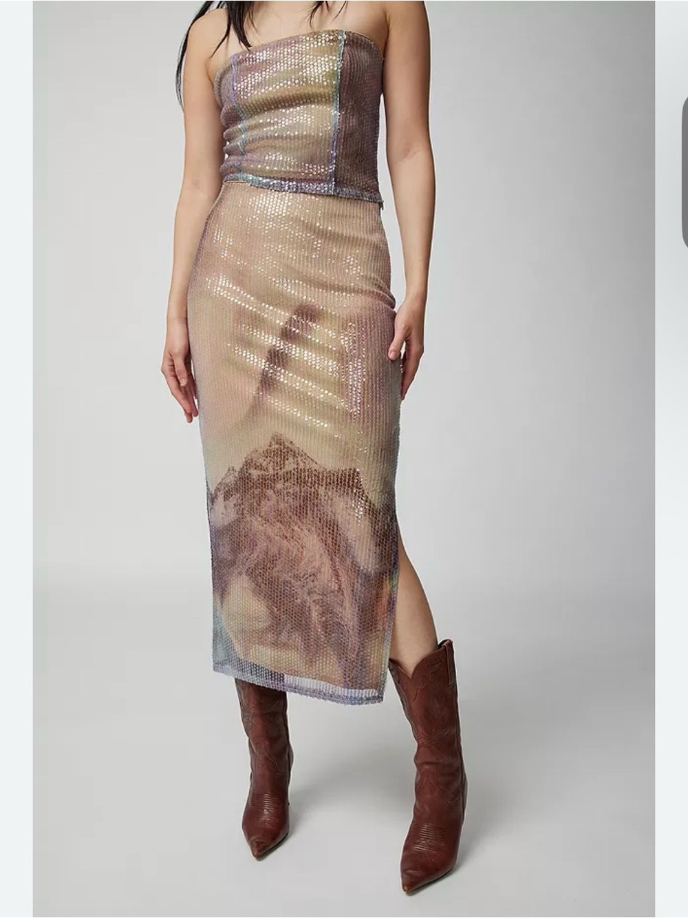 UO Pearl Sequin Tube Top & Midi Skirt Set XS